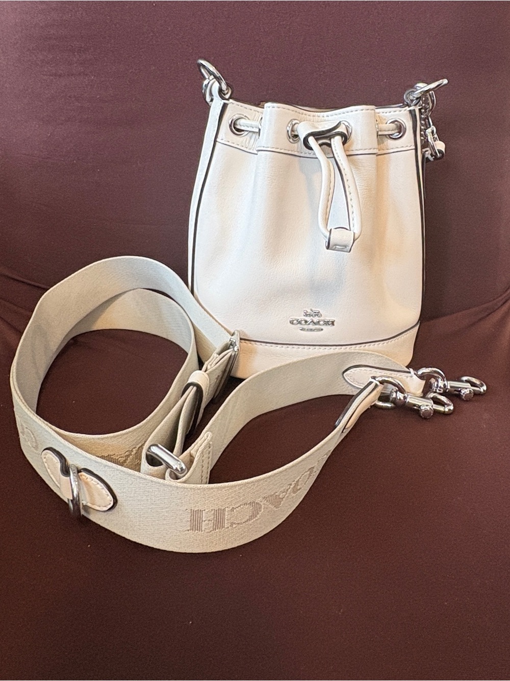 Coach Chalk Leather Drawstring Mini Bucket Bag with Canvas Strap Minimalist